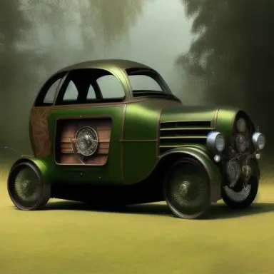 steampunk car like a green ford t, inspired designof automobile with mighty impresive oak trees in the blackround
