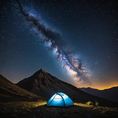 photograph of a tent glowing under the milky way with a mountain silhouette professional photography soft