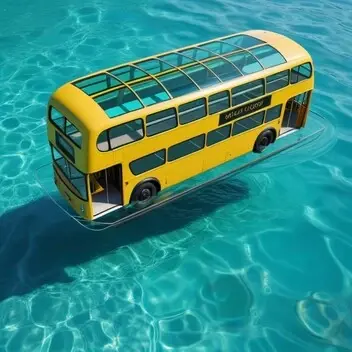 a yellow london bus, floating on turquoise water like a boat, with a glass roof, fine details, 4k res