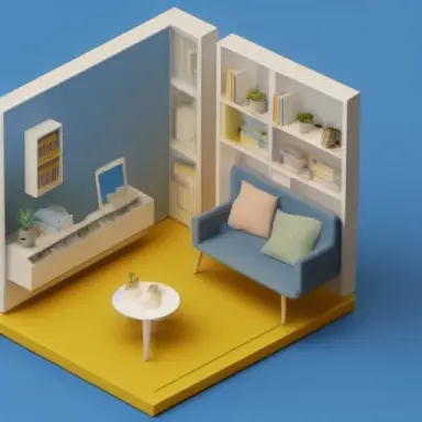 Tiny cute isometric living room in a cutaway box, soft smooth lighting, soft colors, yellow and blue color scheme, soft colors,