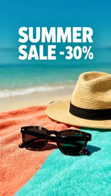 a vertical story ad for a summer sale a pair of sunglasses and a straw hat on a beach towel with the headline