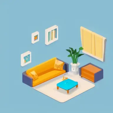 tiny cute lively detailed isometric apartment with a shark sitting on the sofa, soft colors, blue and green theme, soft colors,