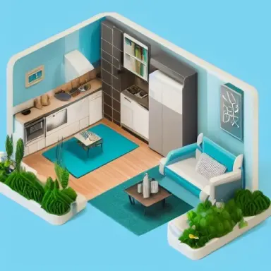 tiny cute lively detailed isometric apartment with a shark dancing, soft colors, blue and green theme, soft colors, blender rend