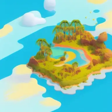 isometric detailed island in the sky containing 3d hero 3d cows and portals, soft smooth lighting, soft colors, yellow and blue