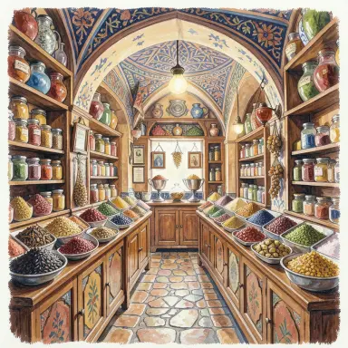 gouache painting of a moroccan spice shop