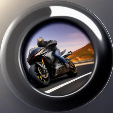 A 3D button with futuristic super sport motorcycle on it, with road in background and the motorcycle is passed out the button wi