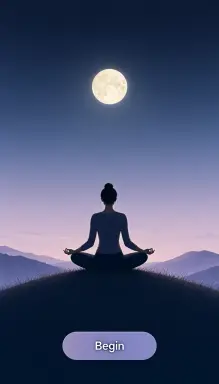 a mobile app onboarding screen mockup for a meditation app showing a calm illustration of a person sitting on