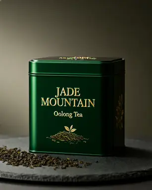a product photograph of a luxury tea tin in deep green with gold lettering reading jade mountain and oolong