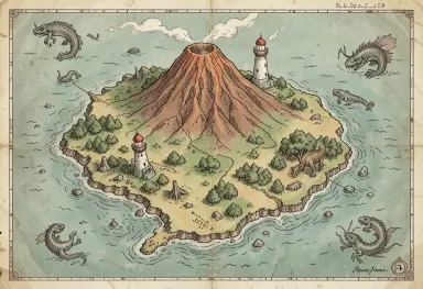 a hand drawn map of an imaginary island with a volcano a lighthouse and sea monsters vintage cartography style