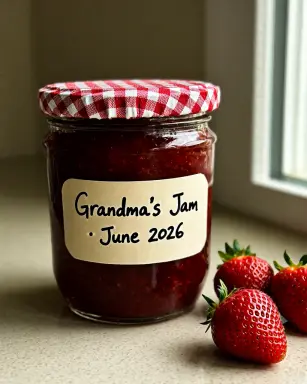 a photograph of a jar of homemade strawberry jam with a gingham cloth lid the handwritten label reads grandma