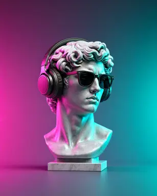 a 3d render of a sculpted marble bust wearing modern headphones and sunglasses on a pedestal against a neon