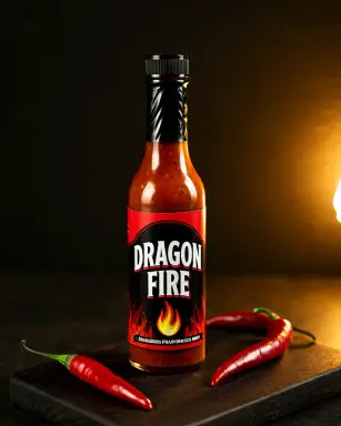 a product photograph of a hot sauce bottle with a bold label reading dragon fire and a small flame