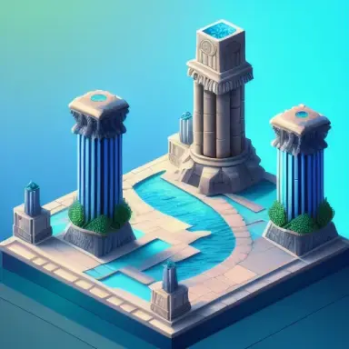 Isometric Atlantis city,great architecture with columns, great details, ornaments,seaweed, blue ambiance, 3D cartoon style, soft