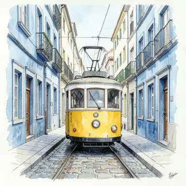 a yellow tram in a narrow lisbon street with blue facades pencil and watercolor travel sketch