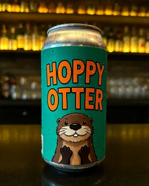a product photograph of a craft beer can on a bar counter the label reads hoppy otter in bold playful letters