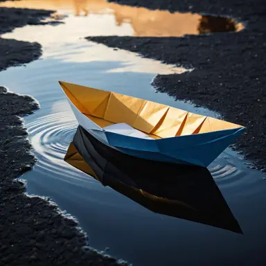 photograph of a paper boat floating on a puddle reflecting the sky close up ultra detailed dramatic lighting