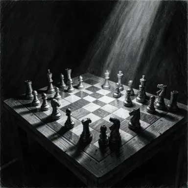chess board at the decisive moment dramatic side light charcoal drawing