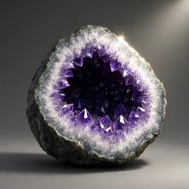 a 3d render of a crystal geode cut in half revealing purple amethyst points inside lit from the top right by