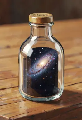 macro illustration of a glass bottle containing a tiny galaxy on a wooden table painterly