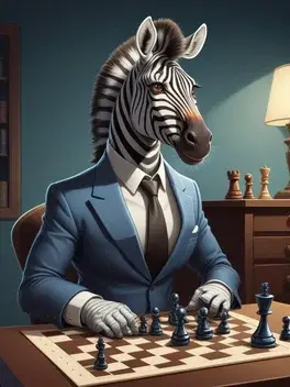 vector traditional illustration of a toon style animale zebra, dressed in a suit and trousers, seated on a chair