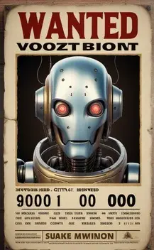 an hyperrealistic wanted poster with the face of a robot, featuring a 100000 buzz reward, issued by civitai county
