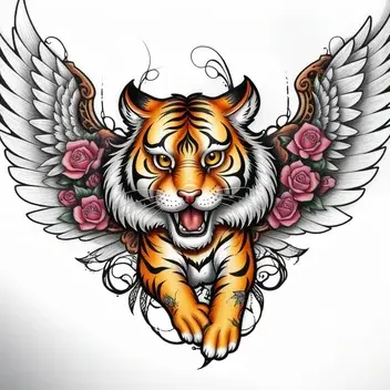 this is a new school tiger with wings tattoo design