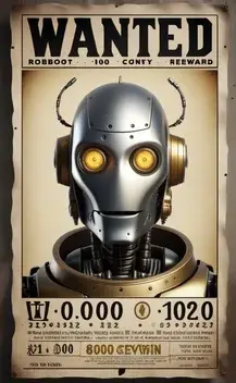 an hyperrealistic (wanted) poster with the face of a robot, featuring a 100000 buzz reward, issued by civitai county