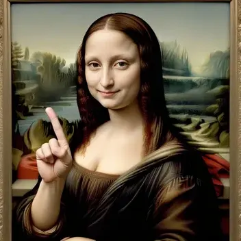 the leonardo da vinci mona lisa in a 14th century painting showing middle index finger to the camera