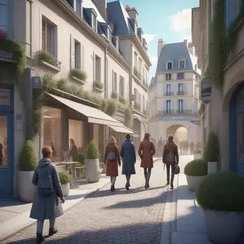 cozy futuristic modern french street, french peoples walking