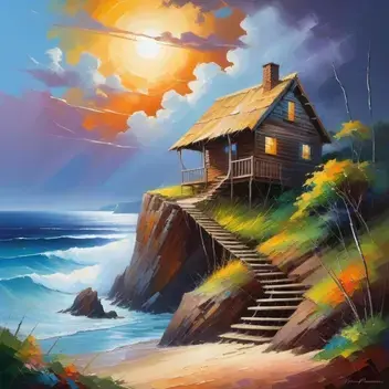 acrylic paint in the style of leonid afremov, igor zenin and peter wileman showing wooden cabin with a straw roof on a cliff and