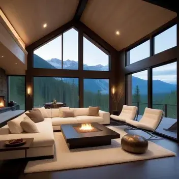 a modern and inviting living room within a cabin, boasting a double height ceiling and a floor to ceiling window on one side