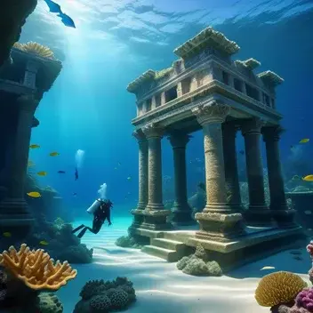 craft an image featuring a mystical underwater adventure with ancient ruins and scuba divers