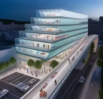 there is a pedestrian bridge that crosses the road at right angles to the road. an image of a temporary 6 story building built o