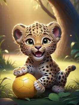 magical happy leopard cub playing with a ball in a right side, dramatic light, art style of pixar, happy feel, cool fresh color