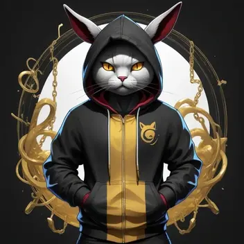 cartoon character of a person with a hoodie , in style of cytus and deemo, ork, gold chains, realistic anime cat, dripping black