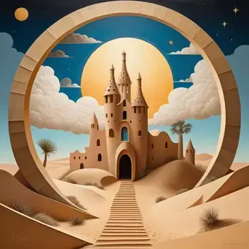abstract naive art painting collage of sand entrance to an old village by antoni gaudi on a piece of land floating in space abov
