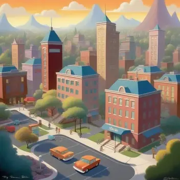 Cartoon 2d modern city school by Mary Blair, , pixar concept artists, Thomas Kinkade,