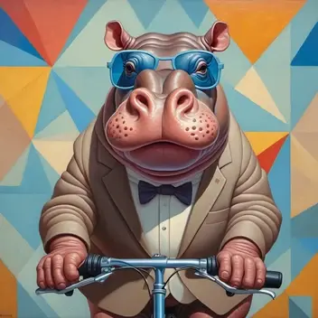 Oil painting in a simplified cubist, surrealistic style A hippopotamus, depicted with geometric simplicity, rides a bicycle whi
