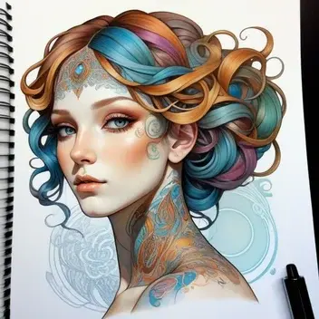 dessine un croquis fantaisiste au stylo bille avec differentes couleurs d un visage de femme au cheveux longs boucles