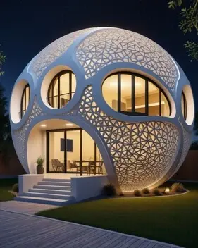 3d printed house with an innovative spherical design against a night background, fine details, 4k reso