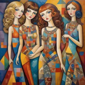 a painting cropped image of mosaic of blythe dolls with a 70s, by laurel burch, with many fabrics of different colors