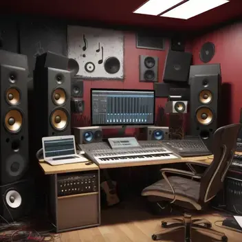 a chaotic and dirty music studio which too much devices everywhere, fine details, 4k resolution
