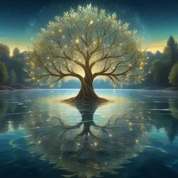 expressionist arabesque shimmer tree with leaves as sparkles of light emerging in the middle of transparent lake in the style of