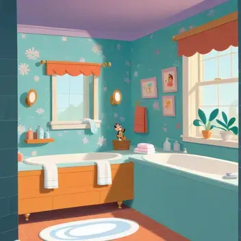 cozy bathroom by mary blair, pixar concept artists, fine details, 4k resolution
