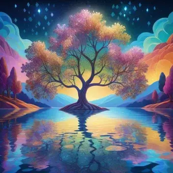 arabesque shimmer tree with leaves as sparkles of light floating above transparent lake in the style of fauvism
