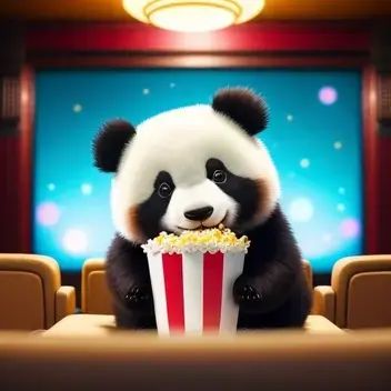 cute small panda sitting in a movie theater eating popcorn watching a movie ,unreal engine, cozy indoor lighting, artstation, de