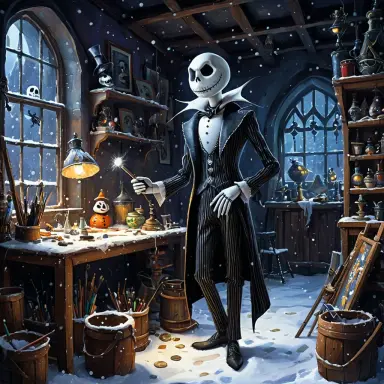 academic painting of jack skellington in a jester s motley snow light a cluttered workshop around