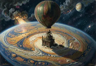 a storm on a gas giant from a balloon during the industrial revolution impressionist painting