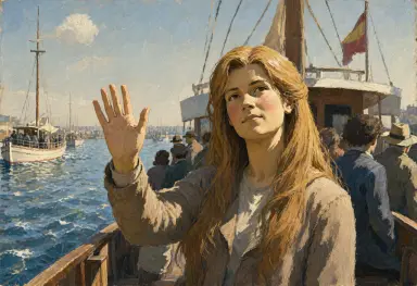 an expressionist painting of rinoa waving at a boat lit by hard noon light from above with gentle shadows the