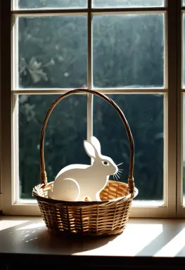 papercut of a rabbit in a basket photograph soft window light
